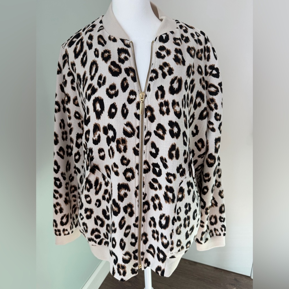 CHICO'S Black Beige Leopard Animal Print Zip Bomber Jacket Size 2 (US Large)